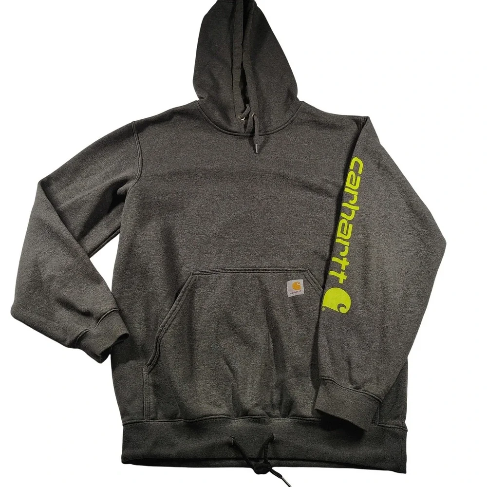 Carhartt Mens Loose Fit Hoodie Charcoal Gray Neon Yellow Sleeve Logo‎ Medium
